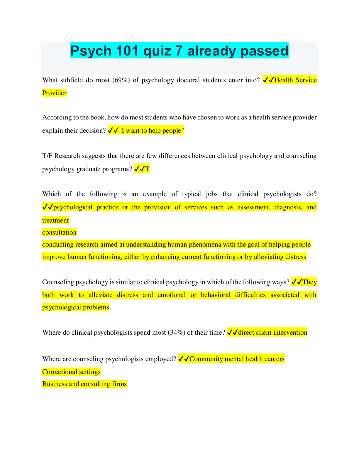 Preview image for Psych 101 quiz 7 already passed, Graded A